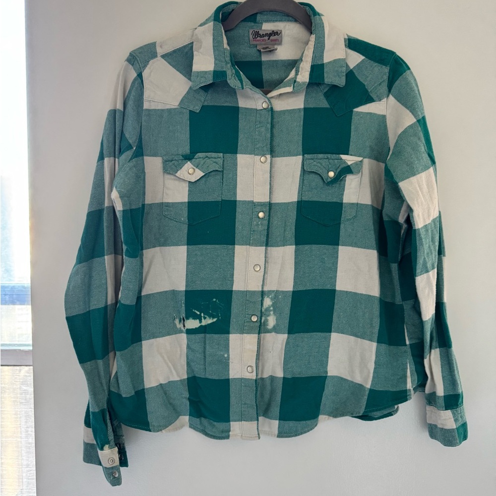 Wrangler Teal and White Plaid Pearl Snap Button Down